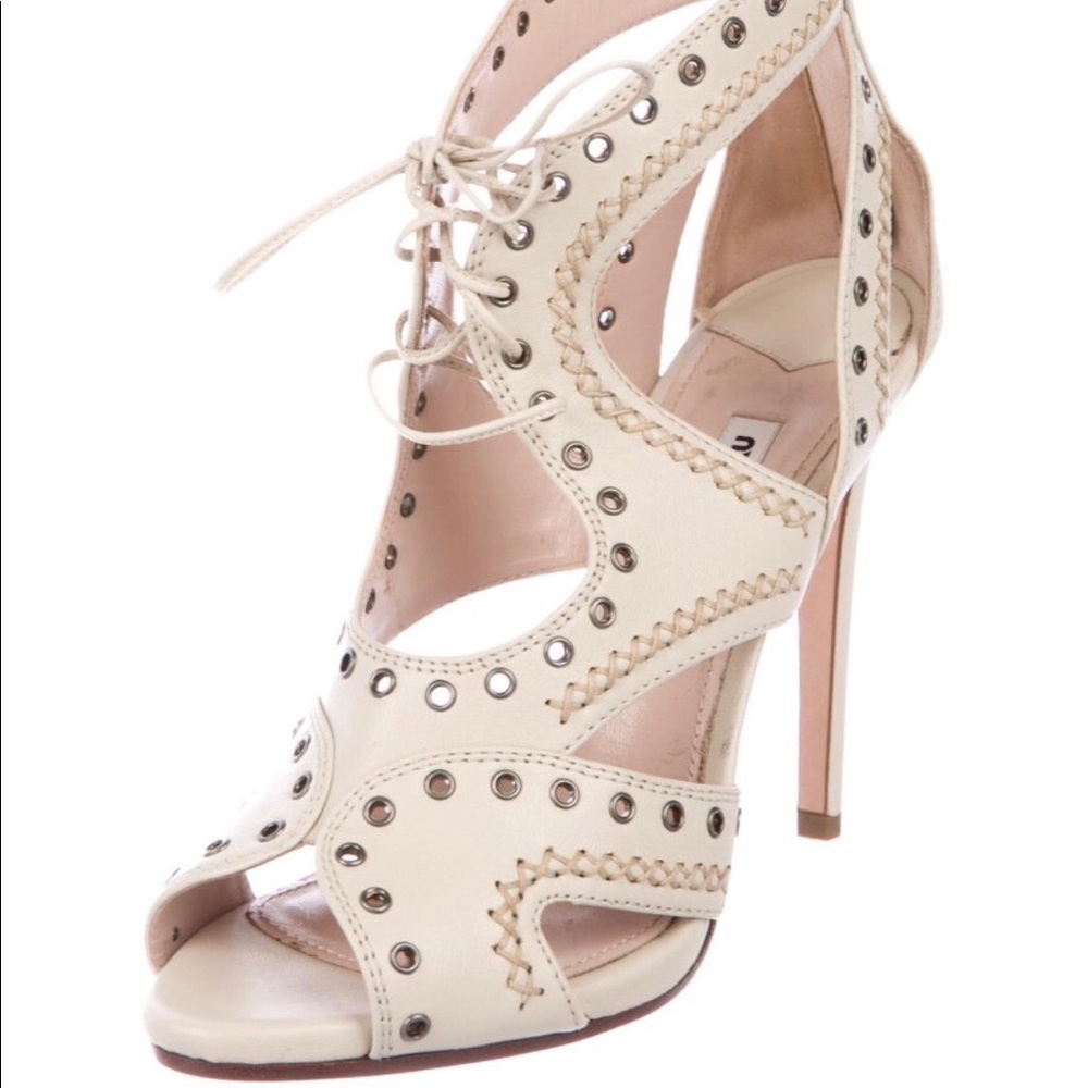 Ivory Miu Miu Leather Caged Sandal Heels 4.5"